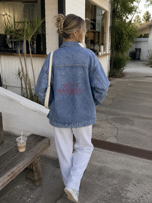 PRETTY. POWERFUL. Women's oversized denim jacket Maroon