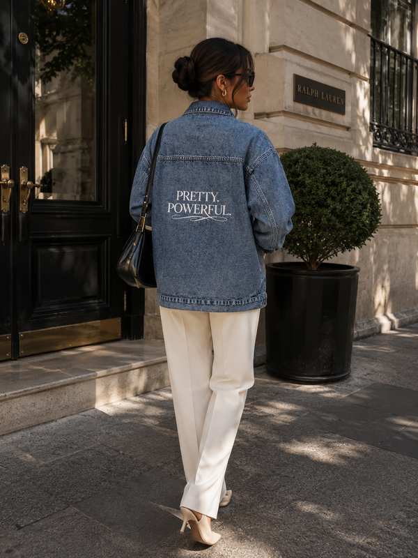 PRETTY. POWERFUL. Women's oversized denim jacket white