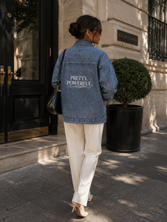 PRETTY. POWERFUL. Women's oversized denim jacket white