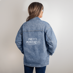 PRETTY. POWERFUL. Women's oversized denim jacket white